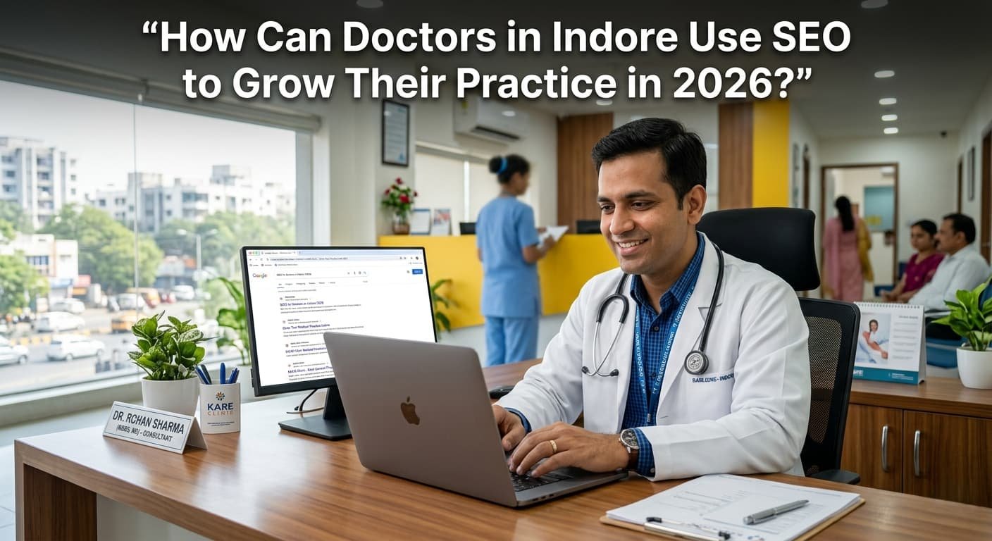 Doctor in a modern clinic in Indore, India, uses a laptop to search SEO growth strategies on Google in 2026.